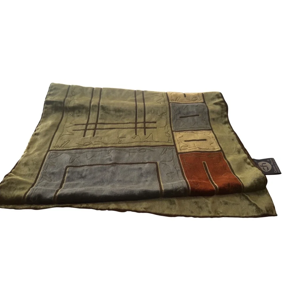 Cocoon House Silk Blend Burnout Velvet Scarf Olive Geometric Handmade EUC 13x60